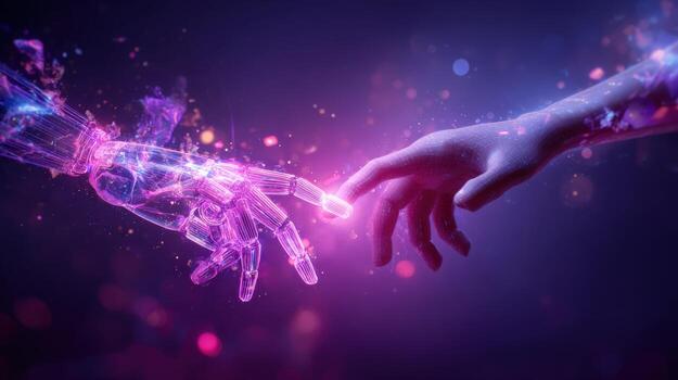 humano y ai manos conmovedor con conexión, futurista tecnología concepto, artificial inteligencia, digital transformación foto