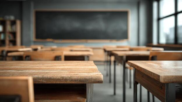 Classroom Interior with Wooden Desks and Blackboard, Demonstrating Empty School Setting for Education Concepts photo