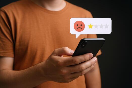 Customer Experience Feedback Man Holding Phone Receiving a Bad Review with One Star Rating photo