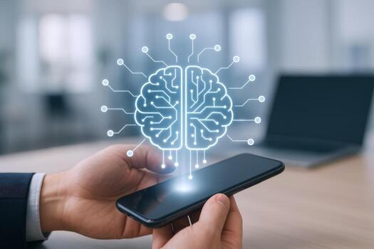 AI Technology Concept Human Hands Holding Smartphone Displaying a Digital Brain Interface photo