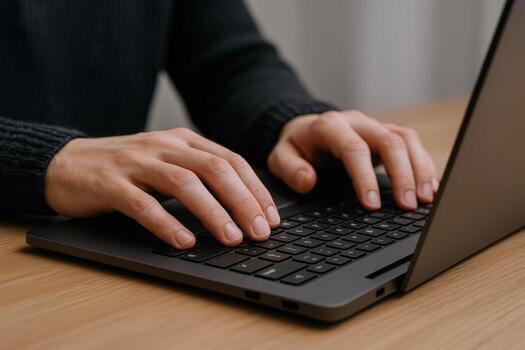 Close-up of hands typing on laptop keyboard, depicting remote work and digital communication photo