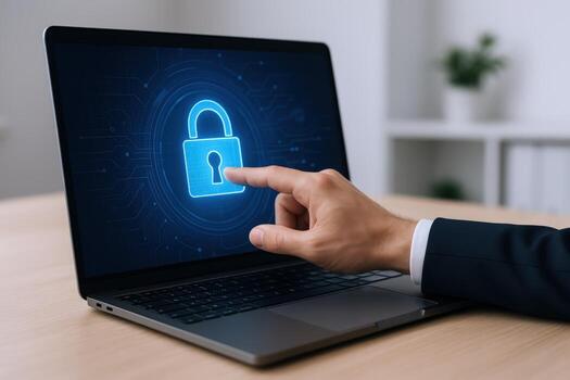 la seguridad cibernética concepto hombre activando digital bloquear en ordenador portátil para datos proteccion y en línea seguridad foto