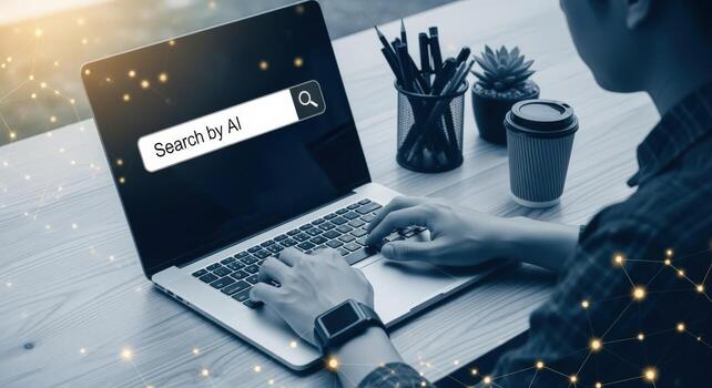 Man Typing on Laptop with AI Search Bar Displayed, Representing Artificial Intelligence and Technology photo