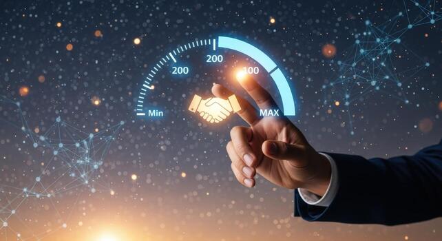 Business Success Hand Activating Performance Indicator, Driving Growth and Reaching Maximum Potential in Global Marketplace photo