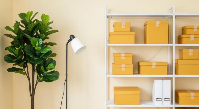 moderno oficina almacenamiento con cajas, planta y lámpara para organización y espacio de trabajo administración foto