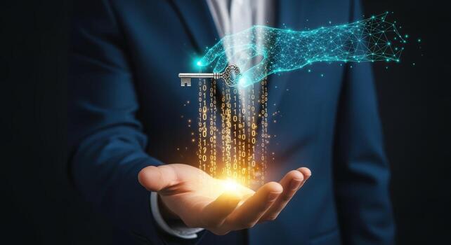 digital transformación negocio hombre participación holográfico mano con llave para la seguridad cibernética soluciones y cifrado foto
