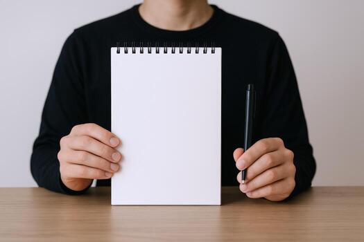 Person Holding Blank Notepad with Pen Ready to Write on a Wooden Desk for Mockup photo