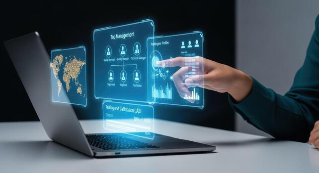 Interactive data visualization person analyzing business analytics with digital interface projecting from laptop screen in office photo