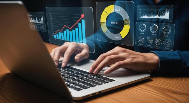 Business Analysis with Laptop and Digital Charts Growth, Data Visualization, and Technology Integration photo