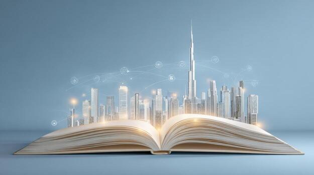 Cityscape Rising From Open Book Conceptual Illustration of Imagination, Knowledge, Architecture, and Urban Development photo