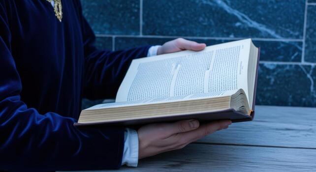 Person Reading an Open Antique Book with Detailed Script on Textured Table Background photo