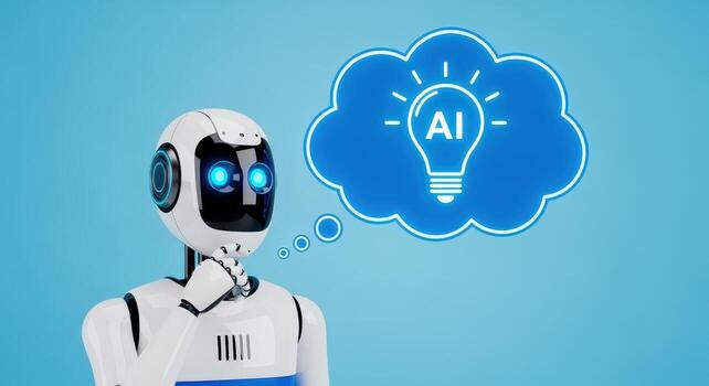 conceptual robot contemplando artificial inteligencia innovador tecnología y futurista pensando en azul antecedentes foto