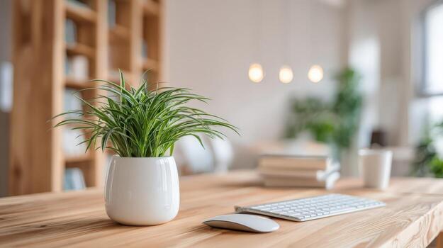 Plant in White Pot on Wooden Desk with Computer Mouse and Keyboard in Bright Office photo