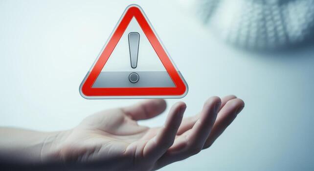 Warning Sign Hovering Above Open Hand Risk Assessment and Alert Concept with Copy Space photo