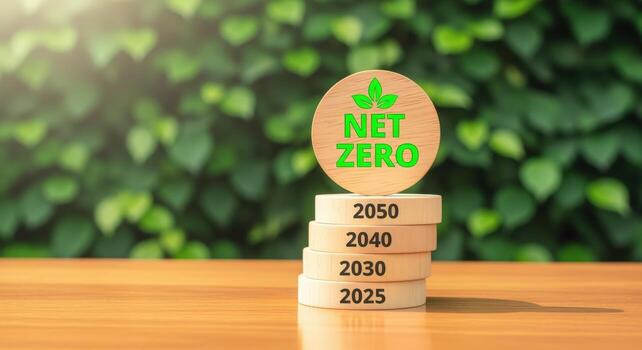 Net Zero Initiative Goals Concept Displayed with Wooden Blocks and Leaf Symbol Against Green Backdrop photo