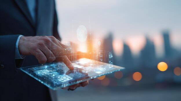 Businessman Interacting with Augmented Reality Interface on Tablet Device, Cityscape Background Showing Digital Transformation photo