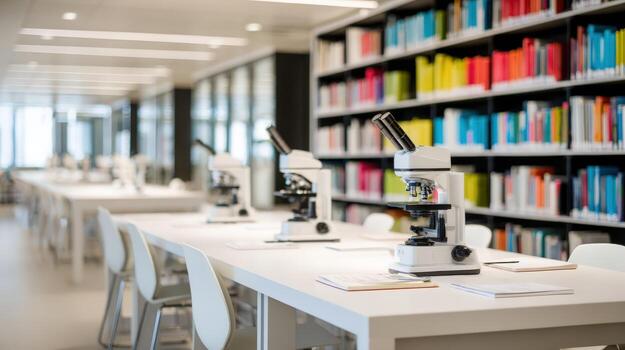 Microscopes on Tables in Library Scientific Research and Education in Academic Setting, Study photo