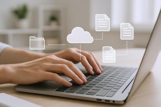 Cloud Computing Concept Female Hands Typing on Laptop with Cloud and Document Icons photo