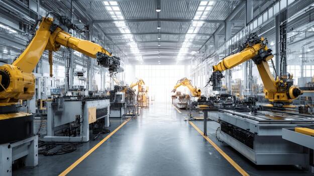 Automated Manufacturing Robotic Arms in a Modern Factory Setting, Emphasizing Precision and Efficiency in Production photo