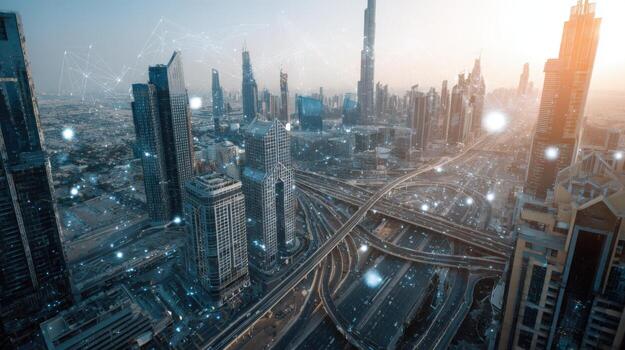 Futuristic Cityscape with High-Rise Buildings, Transportation Networks, and Digital Overlay, Emphasizing Connectivity and Innovation photo