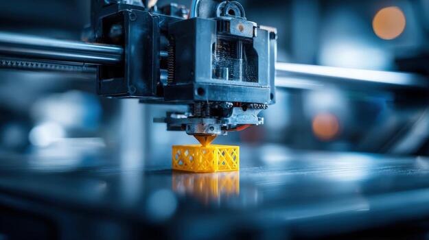 3D Printing Precision Close-up of Additive Manufacturing Process with Yellow Filament Creating a Geometric Shape photo