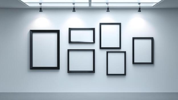 Gallery Wall with Empty Frames Mockup, Art Display in Modern Minimalist Style with Spotlights photo