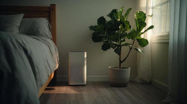 Air Purifier in Bedroom Setting Next to Fiddle Leaf Fig Tree in Pot photo