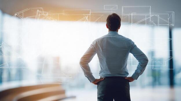 Visionary Businessman Contemplating Future Strategy with Digital Overlays in a Modern Office Environment, Showcasing Innovation and Planning photo