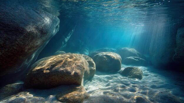 Underwater scene featuring sun rays piercing through clear turquoise water and illuminating rocks and sandy seabed photo