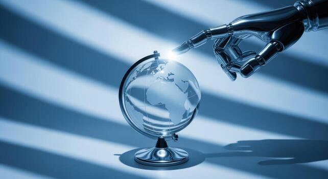 Global Domination Concept Robot Hand Touching World Globe Representing AI Control and Future Technology photo