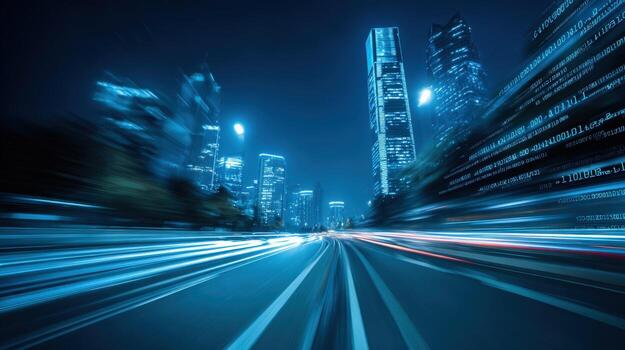 Night Cityscape with Motion Blur Urban Traffic and Modern Architecture in a Metropolis photo