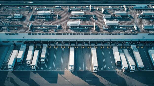 Aerial View of Modern Distribution Warehouse Loading Dock with Trucks Awaiting Delivery, Reflecting Global Logistics photo