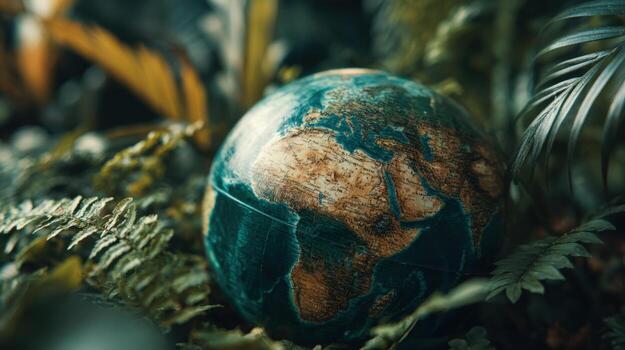 Fragile Earth Globe Nestled in Lush Greenery A Symbol of Environmental Awareness and Conservation photo