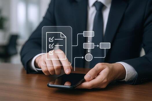 Businessman using a smartphone with workflow automation and business process management to streamline efficiency photo