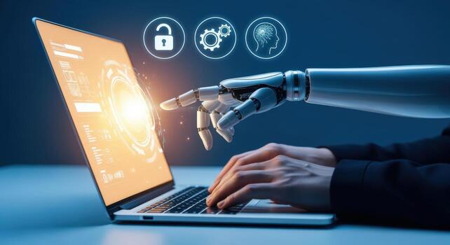 Robot hand interacting with a laptop, showcasing cybersecurity, automation and artificial intelligence technology photo