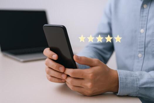 cliente realimentación en móvil teléfono persona participación teléfono inteligente mostrando cinco estrella clasificación con ordenador portátil foto