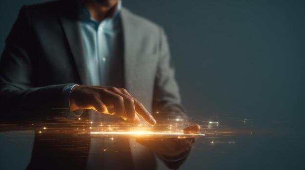 Businessman Interacting with Futuristic Interface, Digital Technology and Innovations, Showing Future Business and Global Network Connection photo