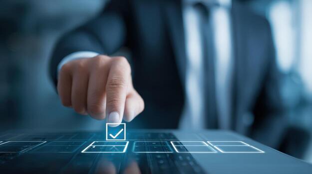 Businessman ticking the correct box on virtual form, showcasing decision making and digital business solutions photo