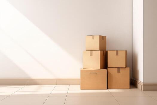 Stack of Unlabeled Cardboard Boxes in Empty Room, Ready for Moving or Relocation Concept photo