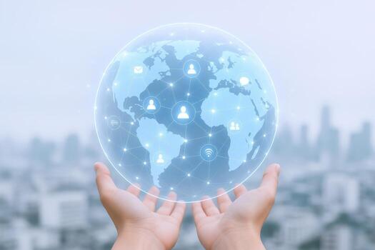 Global Network Connection Concept Hands Holding Globe with Digital Interface Connecting People Worldwide, Blurred Cityscape Background photo