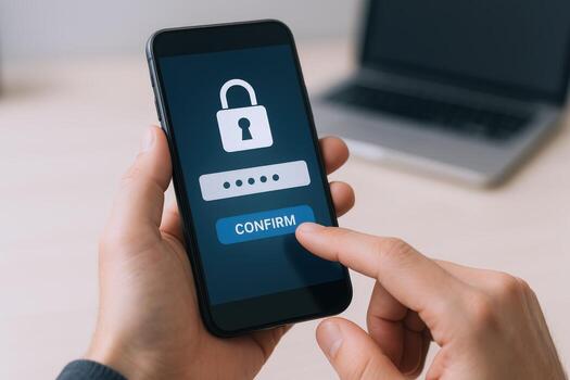 Mobile Security Authentication Person Confirming Password on Smartphone with Laptop in Background, Cybersecurity Concept photo