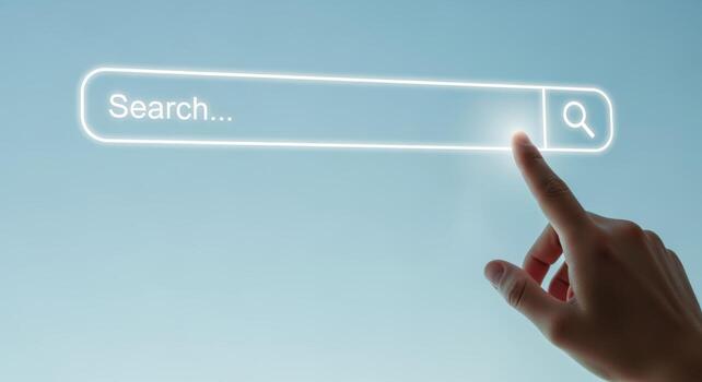 Searching Online Hand Pointing at Search Bar on Blue Background, Internet Technology and Information Concept photo