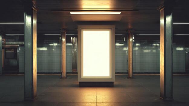 Illuminated Blank Advertisement Billboard Mockup Display in Subway Station, Ideal for Marketing Campaigns and Promotions photo