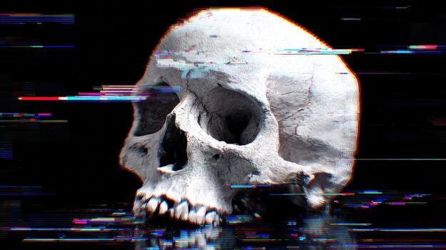 Skull with Digital Glitch Effect Overlay, Isolated on Black, Rendered in High Resolution for Creative Projects photo