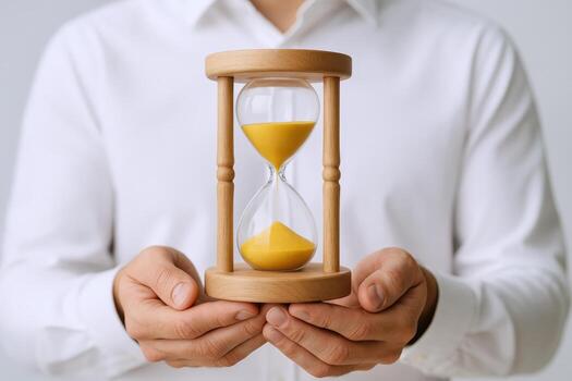 Close-up of Man Holding Hourglass, Time Management Concept Showing Urgency, Deadline, and The Passing of Time photo