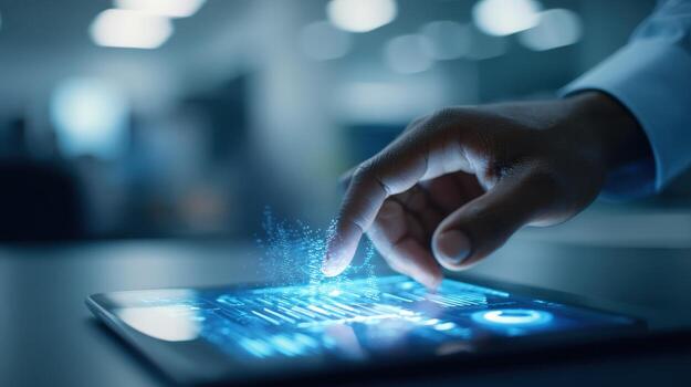 Close-up of Hand Interacting with Digital Tablet Displaying Futuristic Interface and Data Visualization Graphics photo