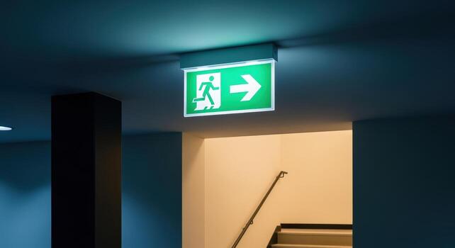 Illuminated exit sign in dark corridor indicates direction towards staircase for emergency evacuation photo