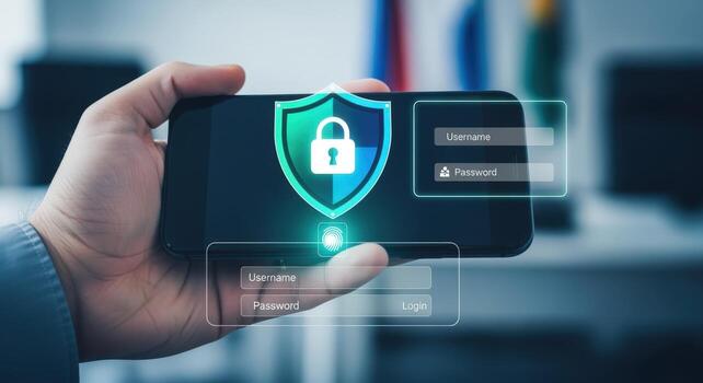 Mobile Security Concept Hand Holding Smartphone with Shield and Padlock for Data Protection photo