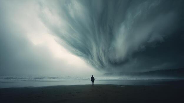 Person Facing Approaching Storm on Beach Dramatic, Moody, Powerful Natural Weather Event photo