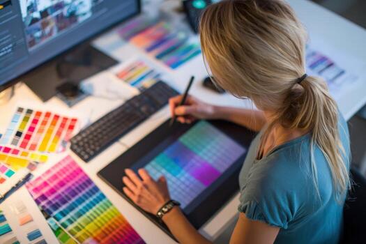 Graphic designer using a pen tablet and working on a computer, color palette samples and keyboard photo